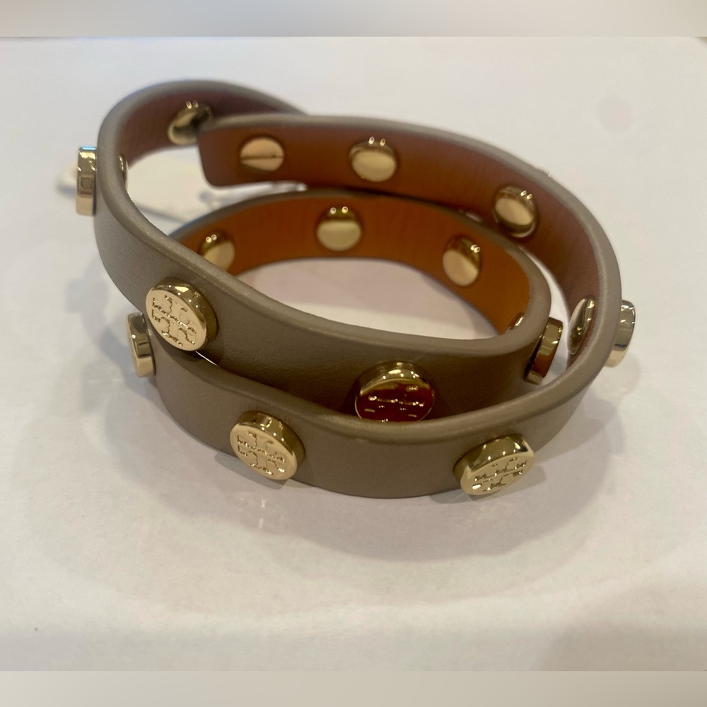 Tory Burch Double-Wrap Logo Stud Bracelet. Taupe/Light Grey with Gold Studs